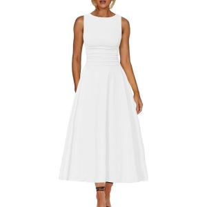 imageKaximil Womens Boat Neck Sleeveless A Line Maxi Dress Ruffle Flowy Casual Long DressesWhite