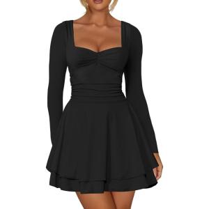 imageKaximil Womens Long Sleeve Square Neck Mini Dress Ruched Ruffle Corset A Line Party Short DressesBlack