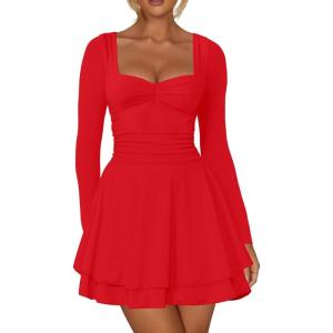 imageKaximil Womens Long Sleeve Square Neck Mini Dress Ruched Ruffle Corset A Line Party Short DressesRed