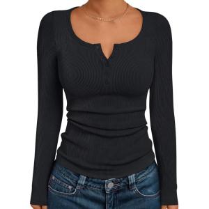 imageTrendy Queen Long Sleeve Shirts for Women Henley Ribbed Fall Tops Dressy Business Casual Teen Girl Winter Cute Basic TeesBlack