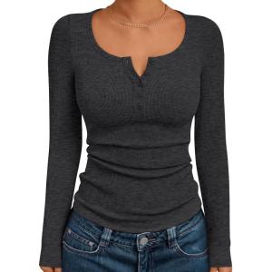 imageTrendy Queen Long Sleeve Shirts for Women Henley Ribbed Fall Tops Dressy Business Casual Teen Girl Winter Cute Basic TeesDark Grey