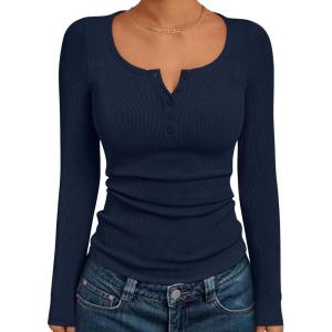 imageTrendy Queen Long Sleeve Shirts for Women Henley Ribbed Fall Tops Dressy Business Casual Teen Girl Winter Cute Basic TeesNavy Blue