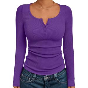 imageTrendy Queen Long Sleeve Shirts for Women Henley Ribbed Fall Tops Dressy Business Casual Teen Girl Winter Cute Basic TeesPurple
