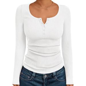 imageTrendy Queen Long Sleeve Shirts for Women Henley Ribbed Fall Tops Dressy Business Casual Teen Girl Winter Cute Basic TeesWhite