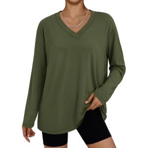 imageTrendy Queen Oversized Tshirts for Women Workout Plus Size Gym Tops V Neck Long Sleeve T Shirts Spring Casual Basic TeesArmy Green