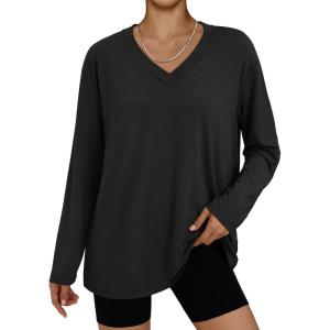 imageTrendy Queen Oversized Tshirts for Women Workout Plus Size Gym Tops V Neck Long Sleeve T Shirts Spring Casual Basic TeesBlack