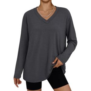 imageTrendy Queen Oversized Tshirts for Women Workout Plus Size Gym Tops V Neck Long Sleeve T Shirts Spring Casual Basic TeesDeep Grey