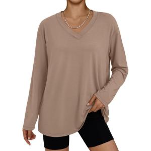 imageTrendy Queen Oversized Tshirts for Women Workout Plus Size Gym Tops V Neck Long Sleeve T Shirts Spring Casual Basic TeesKhaki