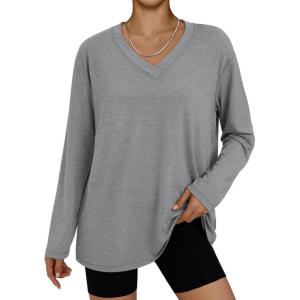imageTrendy Queen Oversized Tshirts for Women Workout Plus Size Gym Tops V Neck Long Sleeve T Shirts Spring Casual Basic TeesLight Grey