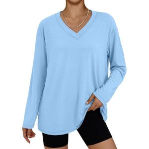 imageTrendy Queen Oversized Tshirts for Women Workout Plus Size Gym Tops V Neck Long Sleeve T Shirts Spring Casual Basic TeesSky Blue
