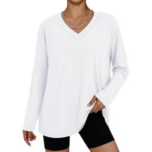 imageTrendy Queen Oversized Tshirts for Women Workout Plus Size Gym Tops V Neck Long Sleeve T Shirts Spring Casual Basic TeesWhite