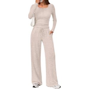 imageTrendy Queen Womens 2 Piece Matching Lounge Sets Fall Fashion Outfits Henley Neck Sweater Top Wide Leg Pants Sweat SuitsApricot