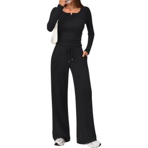 imageTrendy Queen Womens 2 Piece Matching Lounge Sets Fall Fashion Outfits Henley Neck Sweater Top Wide Leg Pants Sweat SuitsBlack
