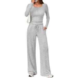imageTrendy Queen Womens 2 Piece Matching Lounge Sets Fall Fashion Outfits Henley Neck Sweater Top Wide Leg Pants Sweat SuitsOatmeal Grey