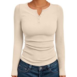 imageTrendy Queen Womens Long Sleeve Shirts 2025 Henley Casual Fall Outfits Fitted Cotton Tops Ribbed Fashion Basic TeesApricot