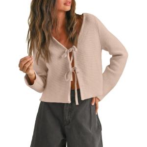 imageTrendy Queen Womens Tie Front Tops Fall Cardigan Sweaters 2025 Fashion Crochet Crop Vacation Clothes Cute Y2K Casual OutfitsApricot