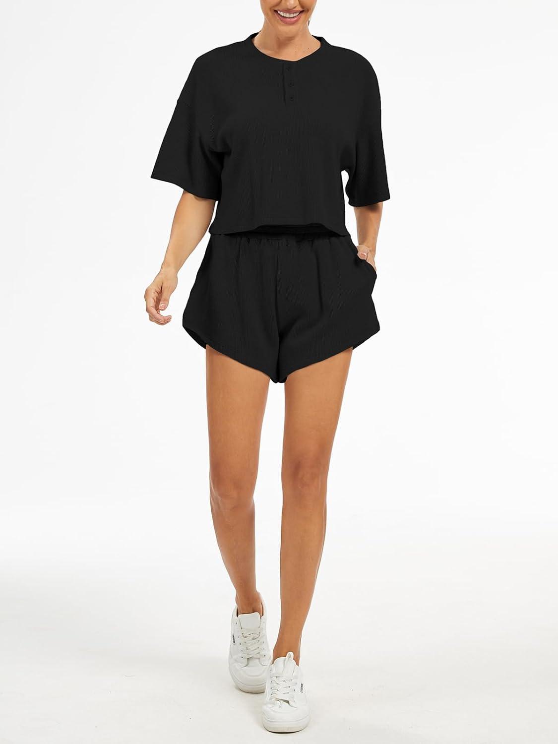 imageAnotherChill Womens Cropped Waffle Knit Lounge Set  Short Sleeve Henley Top and High Waisted Shorts 2 Piece Casual OutfitBlack