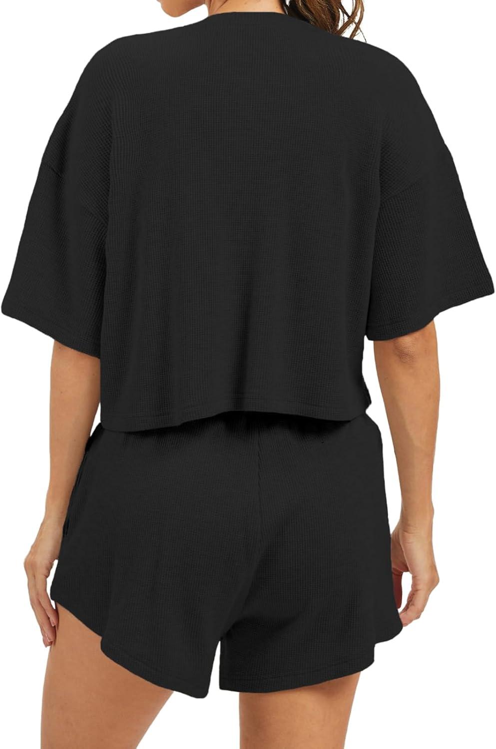 imageAnotherChill Womens Cropped Waffle Knit Lounge Set  Short Sleeve Henley Top and High Waisted Shorts 2 Piece Casual OutfitBlack