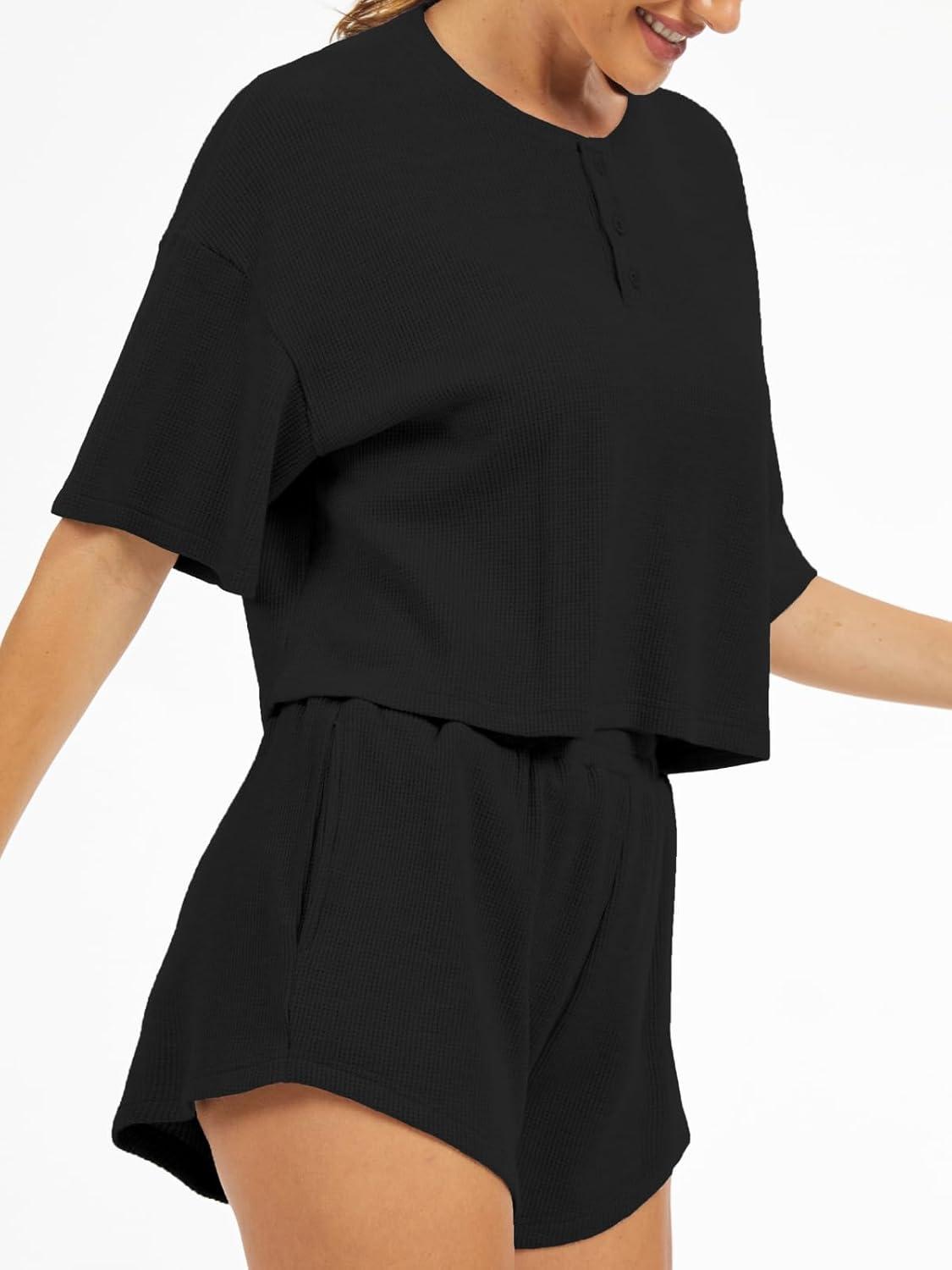 imageAnotherChill Womens Cropped Waffle Knit Lounge Set  Short Sleeve Henley Top and High Waisted Shorts 2 Piece Casual OutfitBlack