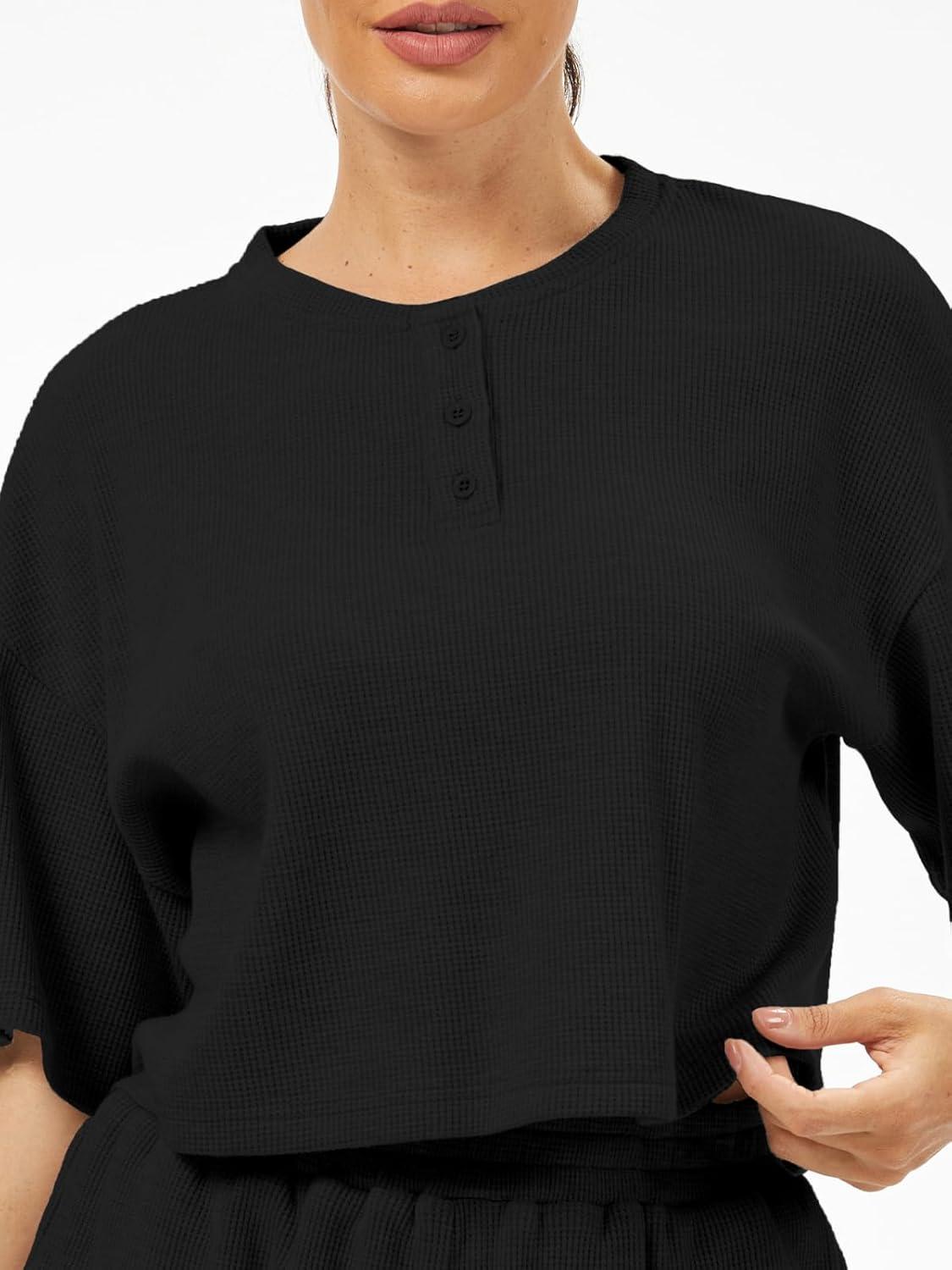 imageAnotherChill Womens Cropped Waffle Knit Lounge Set  Short Sleeve Henley Top and High Waisted Shorts 2 Piece Casual OutfitBlack