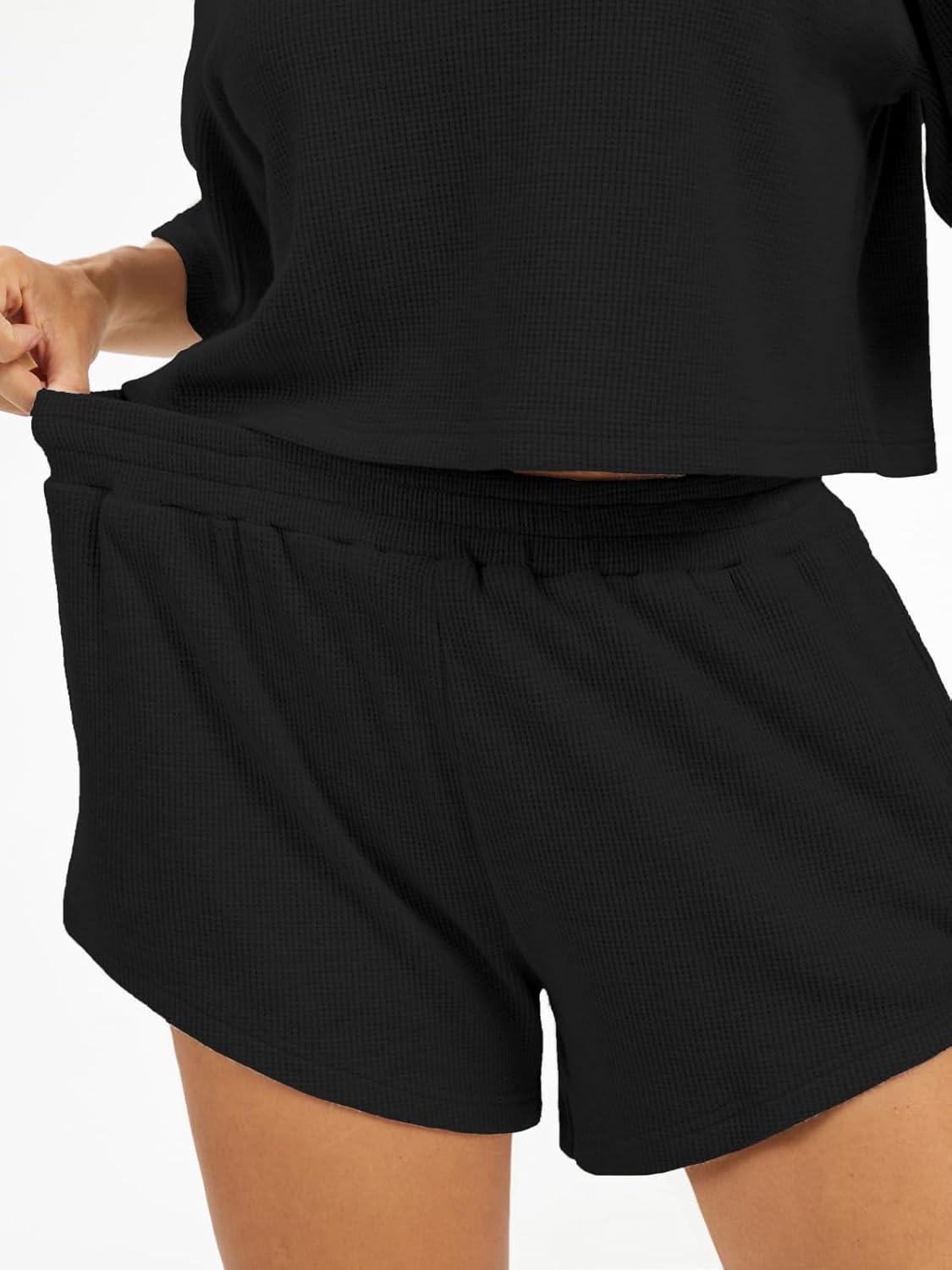 imageAnotherChill Womens Cropped Waffle Knit Lounge Set  Short Sleeve Henley Top and High Waisted Shorts 2 Piece Casual OutfitBlack