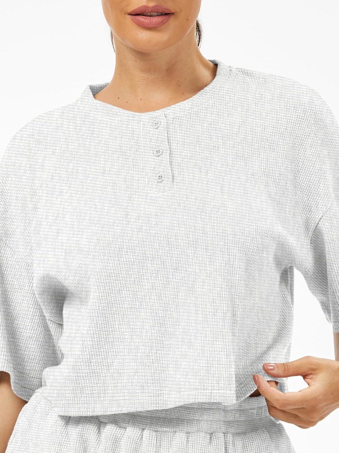 imageAnotherChill Womens Cropped Waffle Knit Lounge Set  Short Sleeve Henley Top and High Waisted Shorts 2 Piece Casual OutfitLightgrey