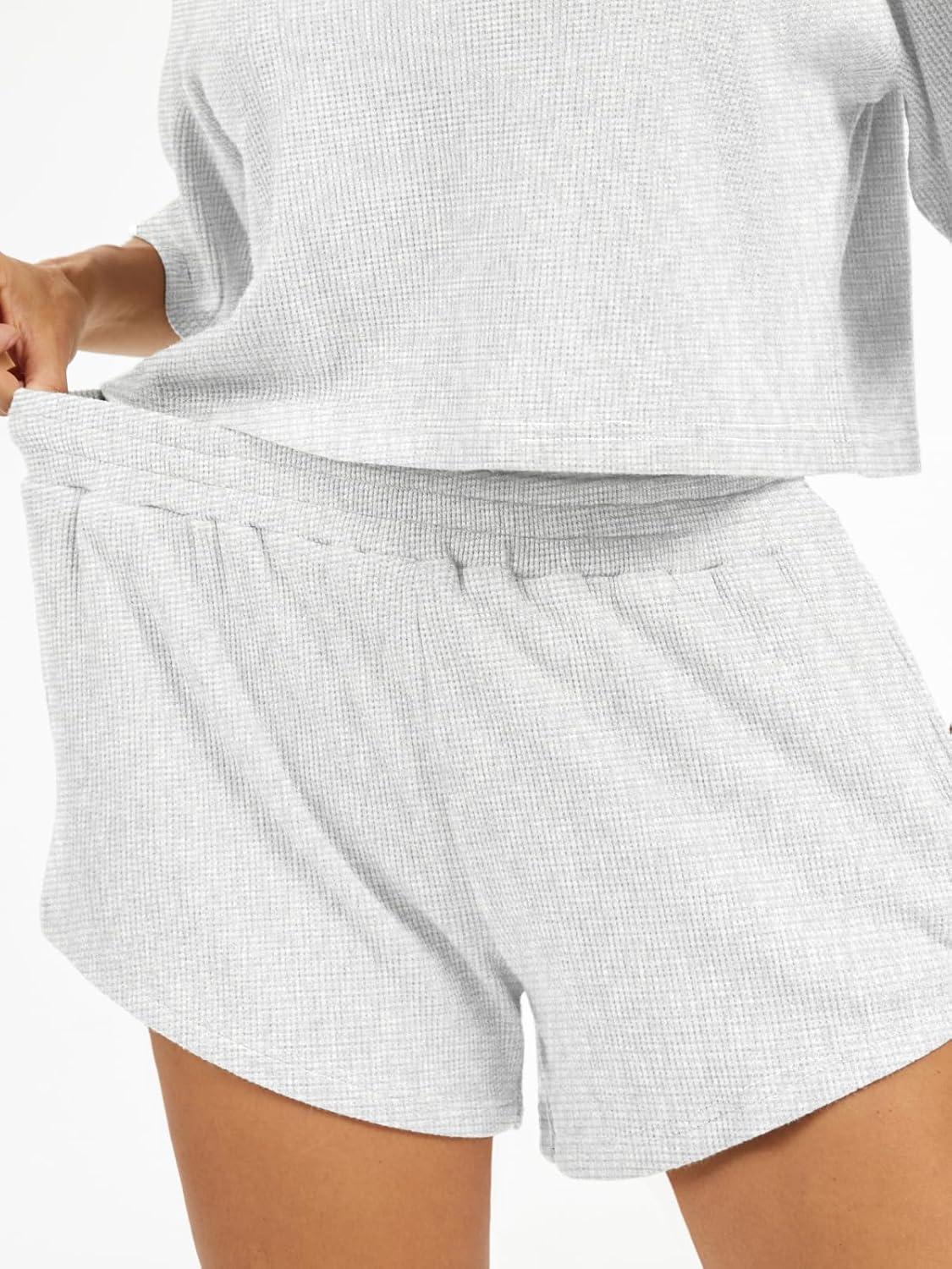 imageAnotherChill Womens Cropped Waffle Knit Lounge Set  Short Sleeve Henley Top and High Waisted Shorts 2 Piece Casual OutfitLightgrey
