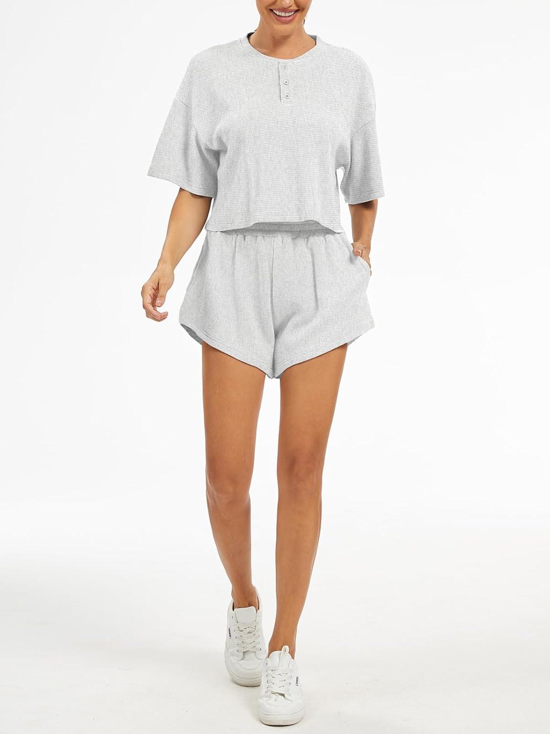 imageAnotherChill Womens Cropped Waffle Knit Lounge Set  Short Sleeve Henley Top and High Waisted Shorts 2 Piece Casual OutfitLightgrey