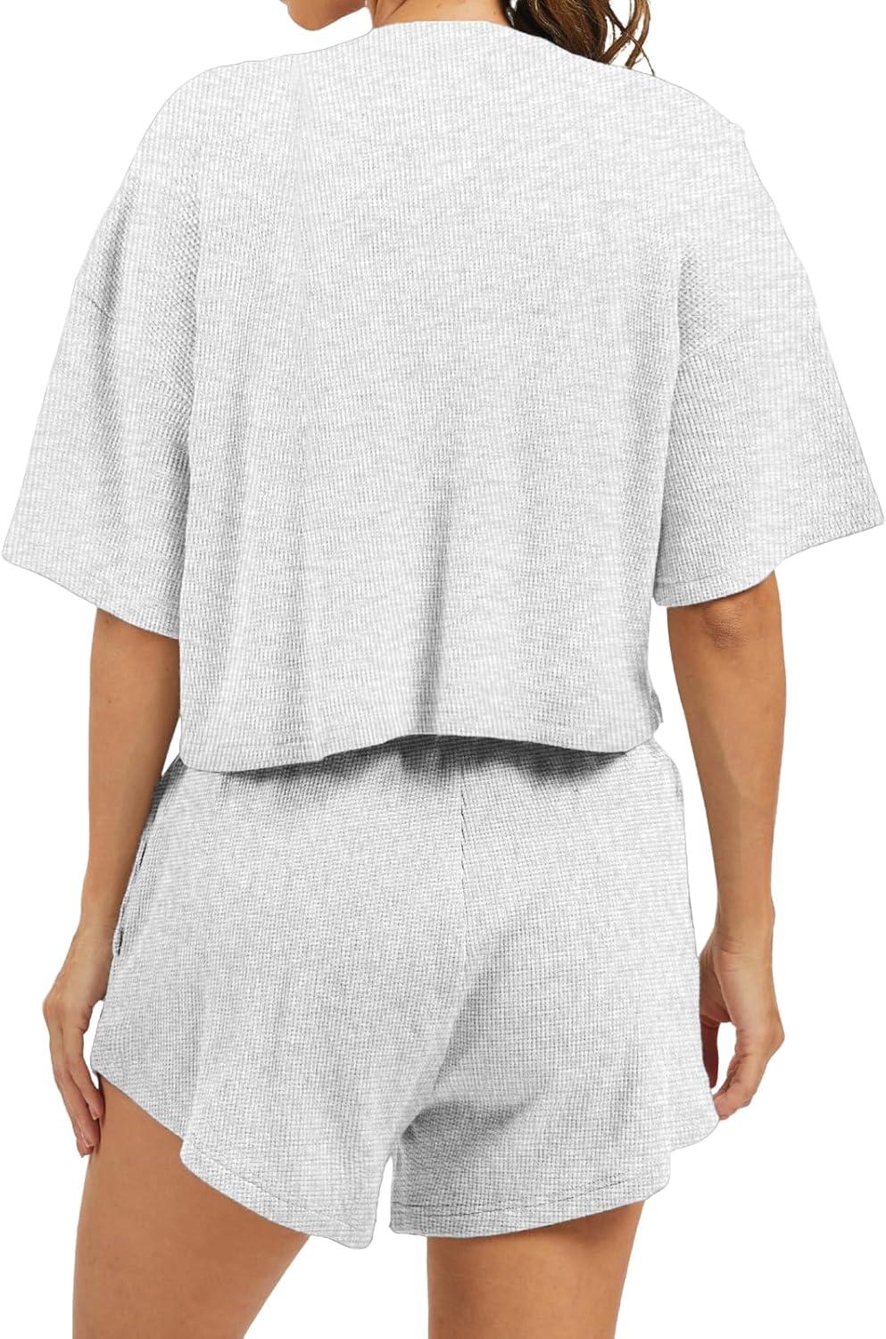 imageAnotherChill Womens Cropped Waffle Knit Lounge Set  Short Sleeve Henley Top and High Waisted Shorts 2 Piece Casual OutfitLightgrey
