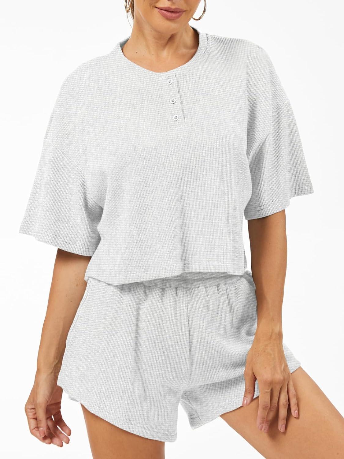 imageAnotherChill Womens Cropped Waffle Knit Lounge Set  Short Sleeve Henley Top and High Waisted Shorts 2 Piece Casual OutfitLightgrey