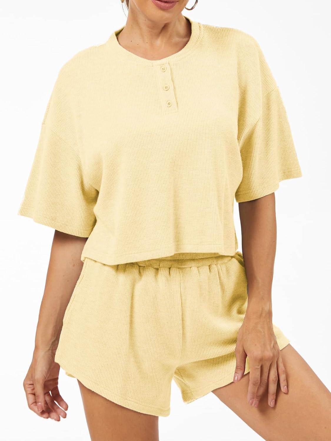 imageAnotherChill Womens Cropped Waffle Knit Lounge Set  Short Sleeve Henley Top and High Waisted Shorts 2 Piece Casual OutfitYellow
