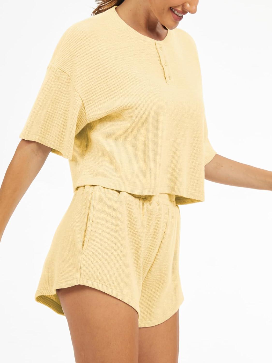 imageAnotherChill Womens Cropped Waffle Knit Lounge Set  Short Sleeve Henley Top and High Waisted Shorts 2 Piece Casual OutfitYellow