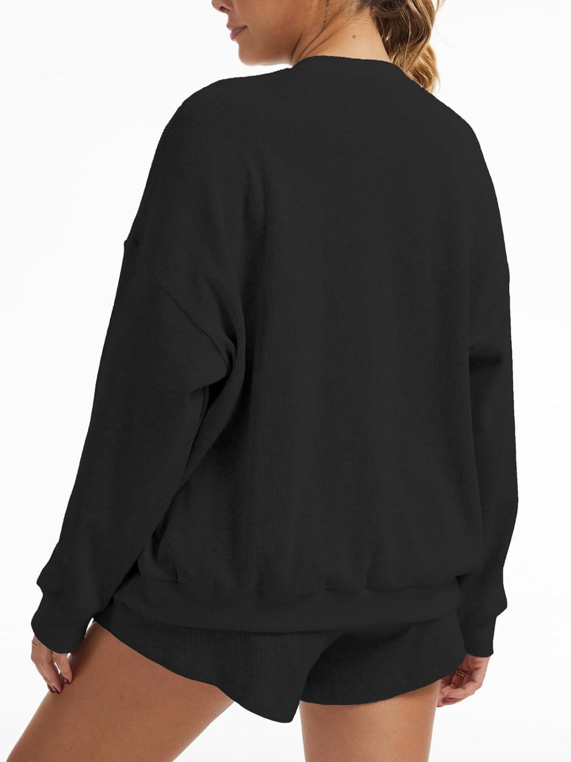 imageAnotherChill Womens Oversized Waffle Knit Lounge Set Long Sleeve Sweatshirt and High Waisted Shorts 2 Piece Casual OutfitBlack