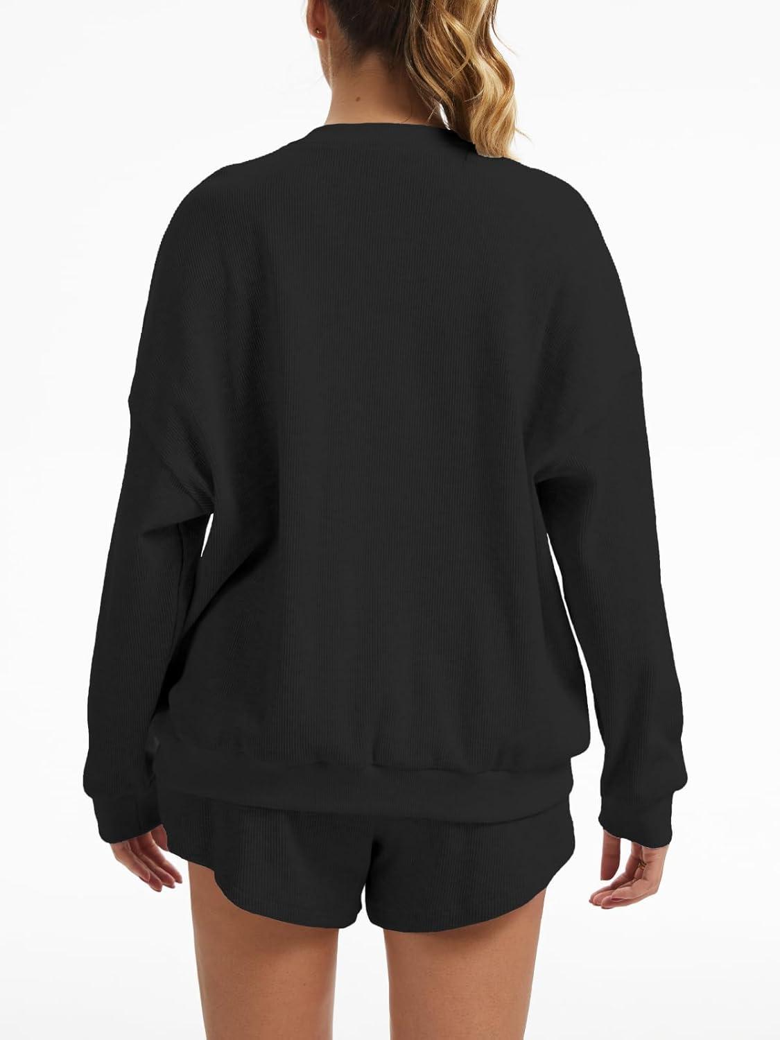 imageAnotherChill Womens Oversized Waffle Knit Lounge Set Long Sleeve Sweatshirt and High Waisted Shorts 2 Piece Casual OutfitBlack