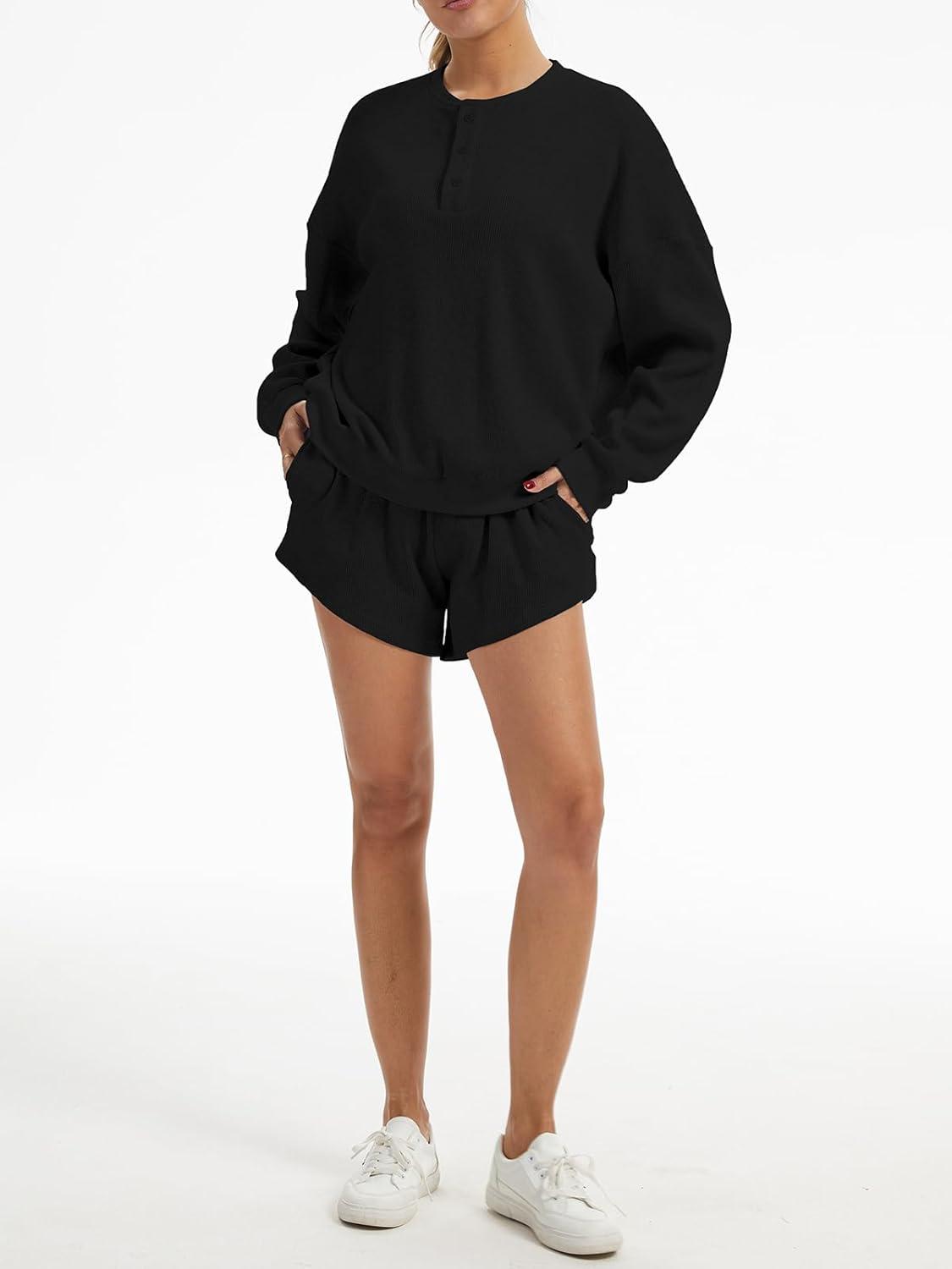 imageAnotherChill Womens Oversized Waffle Knit Lounge Set Long Sleeve Sweatshirt and High Waisted Shorts 2 Piece Casual OutfitBlack
