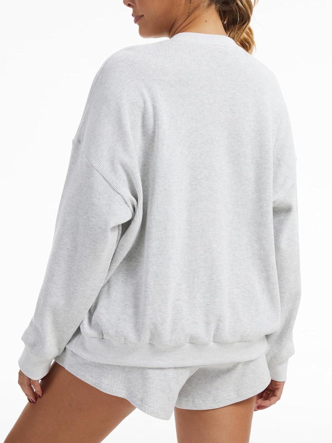 imageAnotherChill Womens Oversized Waffle Knit Lounge Set Long Sleeve Sweatshirt and High Waisted Shorts 2 Piece Casual OutfitLightgrey