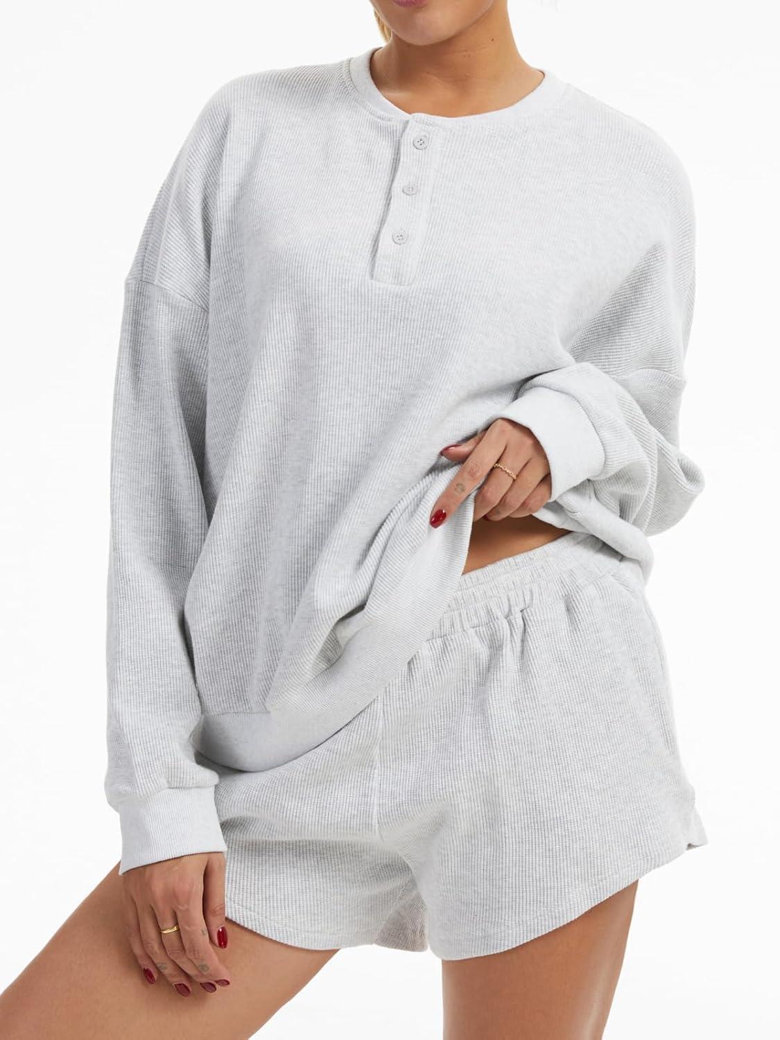 imageAnotherChill Womens Oversized Waffle Knit Lounge Set Long Sleeve Sweatshirt and High Waisted Shorts 2 Piece Casual OutfitLightgrey