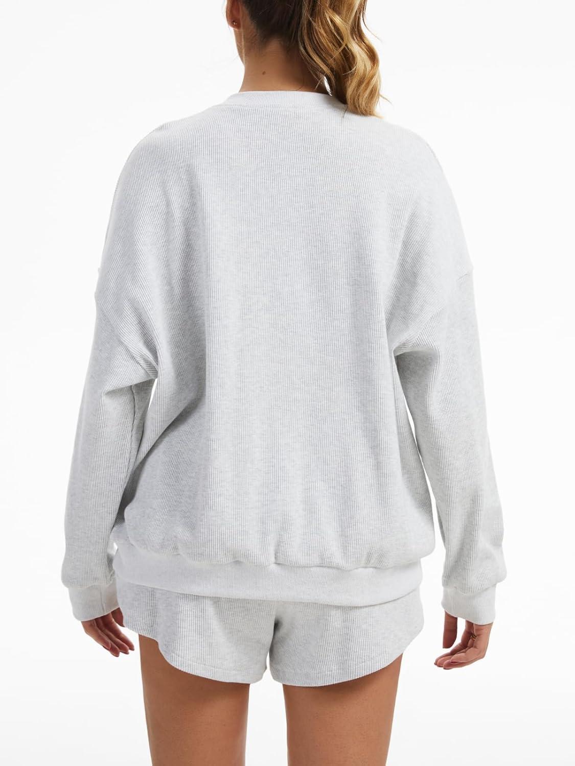 imageAnotherChill Womens Oversized Waffle Knit Lounge Set Long Sleeve Sweatshirt and High Waisted Shorts 2 Piece Casual OutfitLightgrey