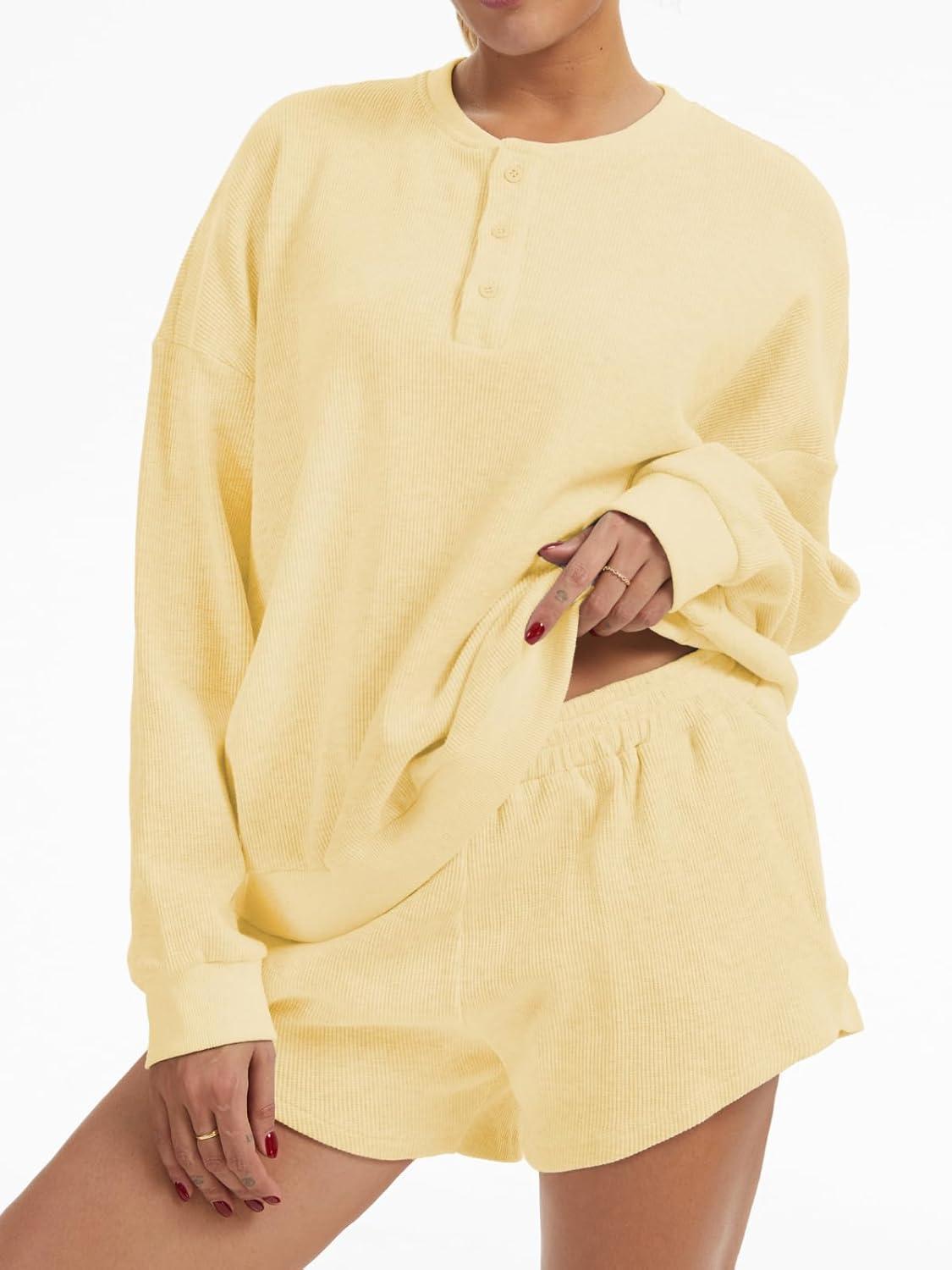 imageAnotherChill Womens Oversized Waffle Knit Lounge Set Long Sleeve Sweatshirt and High Waisted Shorts 2 Piece Casual OutfitYellow