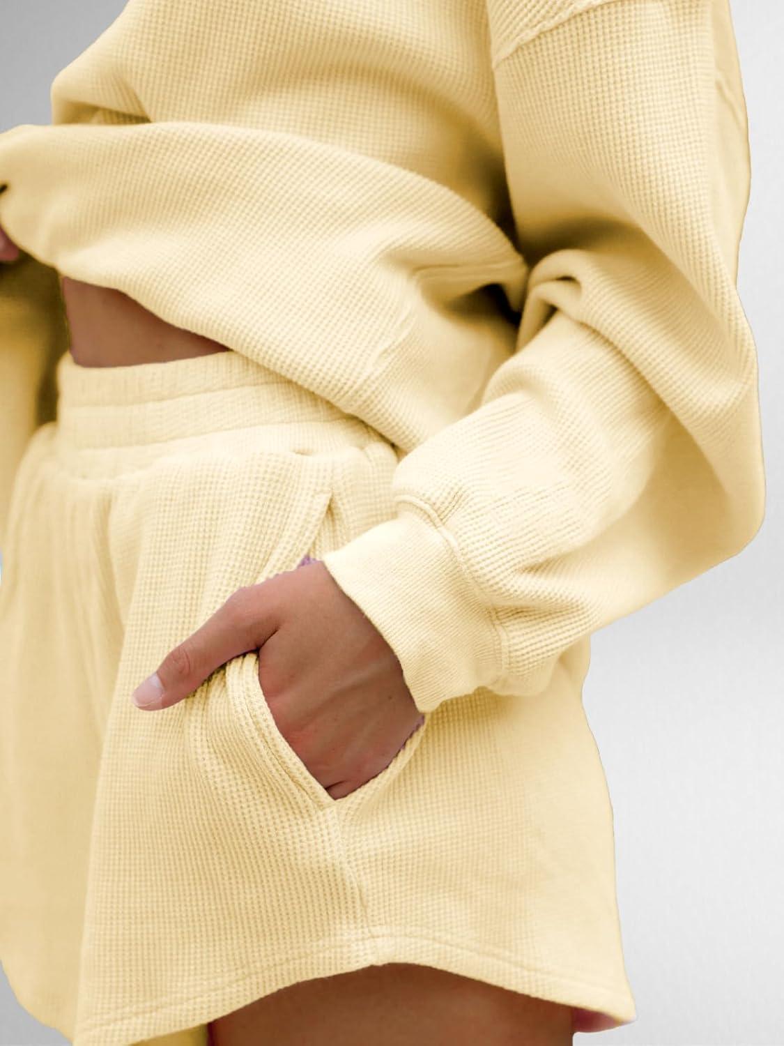 imageAnotherChill Womens Oversized Waffle Knit Lounge Set Long Sleeve Sweatshirt and High Waisted Shorts 2 Piece Casual OutfitYellow