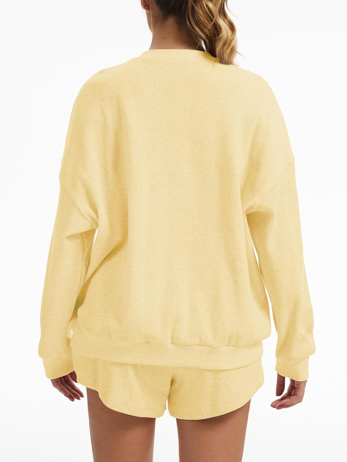 imageAnotherChill Womens Oversized Waffle Knit Lounge Set Long Sleeve Sweatshirt and High Waisted Shorts 2 Piece Casual OutfitYellow