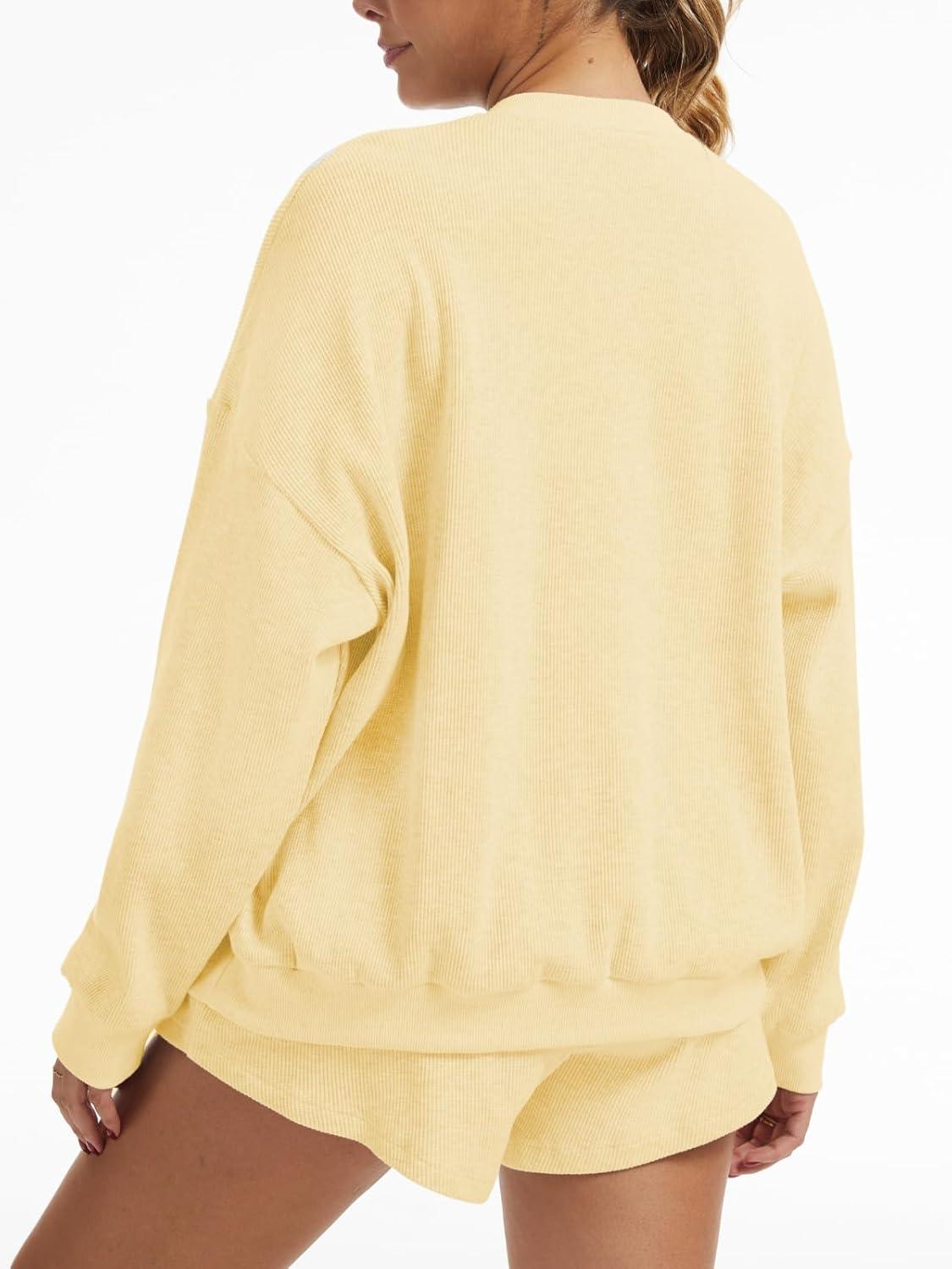 imageAnotherChill Womens Oversized Waffle Knit Lounge Set Long Sleeve Sweatshirt and High Waisted Shorts 2 Piece Casual OutfitYellow