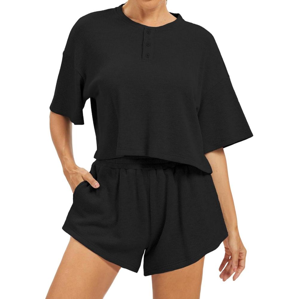 imageAnotherChill Womens Cropped Waffle Knit Lounge Set  Short Sleeve Henley Top and High Waisted Shorts 2 Piece Casual OutfitBlack