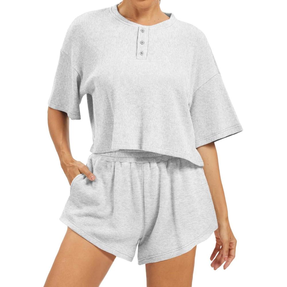 imageAnotherChill Womens Cropped Waffle Knit Lounge Set  Short Sleeve Henley Top and High Waisted Shorts 2 Piece Casual OutfitLightgrey