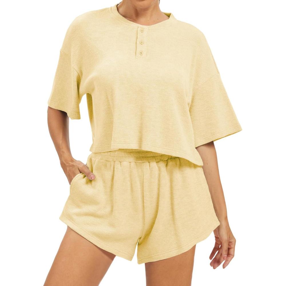 imageAnotherChill Womens Cropped Waffle Knit Lounge Set  Short Sleeve Henley Top and High Waisted Shorts 2 Piece Casual OutfitYellow