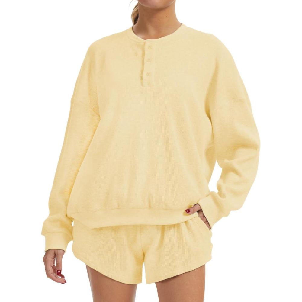 imageAnotherChill Womens Oversized Waffle Knit Lounge Set Long Sleeve Sweatshirt and High Waisted Shorts 2 Piece Casual OutfitYellow