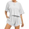 imageAnotherChill Womens Cropped Waffle Knit Lounge Set  Short Sleeve Henley Top and High Waisted Shorts 2 Piece Casual OutfitLightgrey