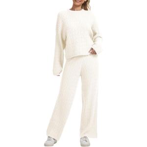 imageAnotherChill Womens Cable Knit Sweater Lounge Set  Long Sleeve Pullover Top with Wide Leg Pants 2 Piece Cozy OutfitBeige