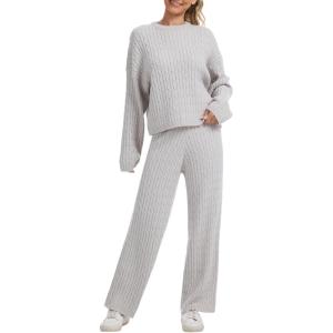 imageAnotherChill Womens Cable Knit Sweater Lounge Set  Long Sleeve Pullover Top with Wide Leg Pants 2 Piece Cozy OutfitGrey