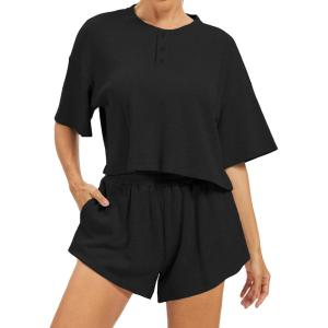 imageAnotherChill Womens Cropped Waffle Knit Lounge Set  Short Sleeve Henley Top and High Waisted Shorts 2 Piece Casual OutfitBlack